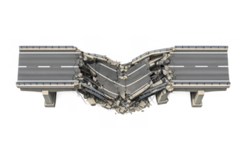 Bridge collapse concept design with broken road pieces illustrating infrastructure, disaster, and urban planning