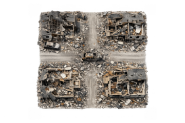 Aerial view of war-torn buildings and destruction in urban landscape