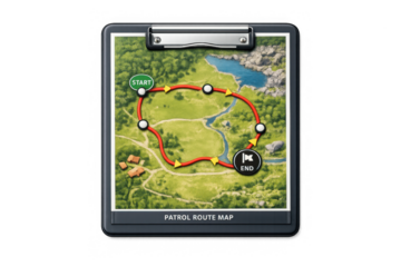 Patrol route map with path over scenic landscape design for guides and planners