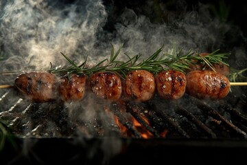Grilled sausages with rosemary over open flame