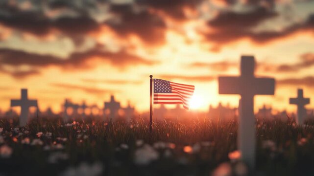 Footage A single American flag stands out amidst the headstones in a solemn cemetery setting, often used to honor veterans and pay respects to fallen soldiers