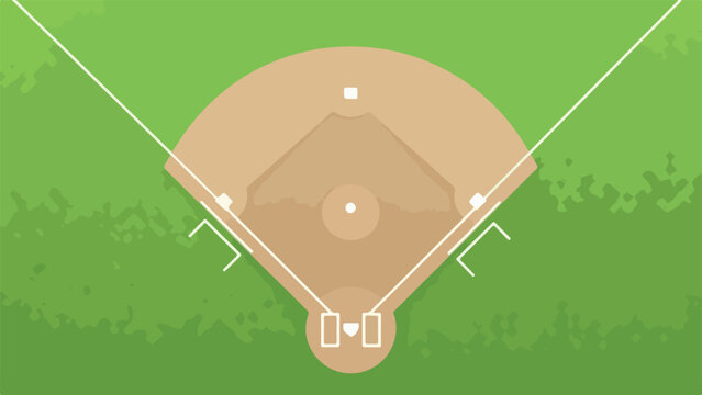 Overhead view of a baseball field with a brown infield and green outfield grass, featuring white markings and bases.