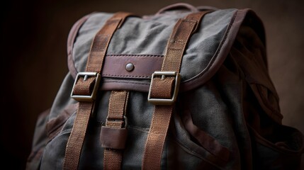A close up of a vintage canvas backpack with leather accents and metal buckles featuring a rugged outdoorsy style