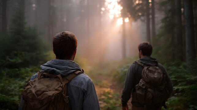 Two hikers walk on a path in a misty forest as golden sunlight streams through the trees
