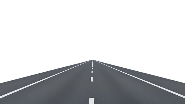 Isolated 3d illustration of an empty asphalt highway with white lines on a white background representing a perspective path for travel and success