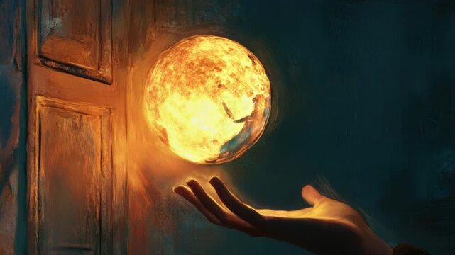 Footage A person grasping a shining moon, perfect for fantasy and sci-fi themes