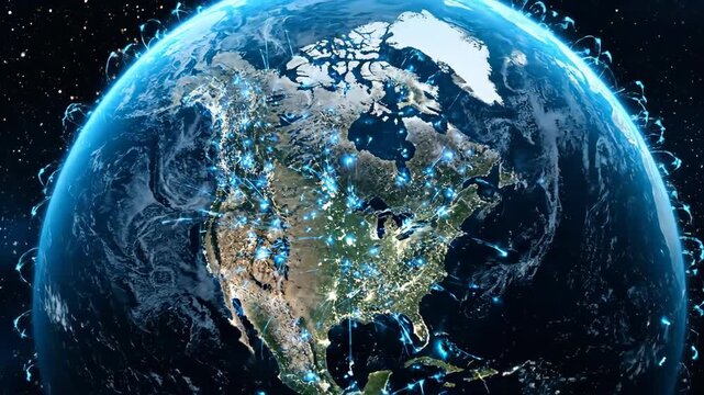 Digital Earth globe with glowing blue connections in a starry night sky.