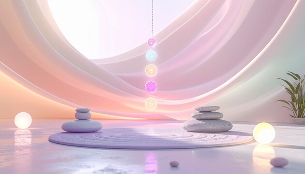 Modern magical yoga day setup with levitating chakra icons, soft pastel energy waves, clean studio space,