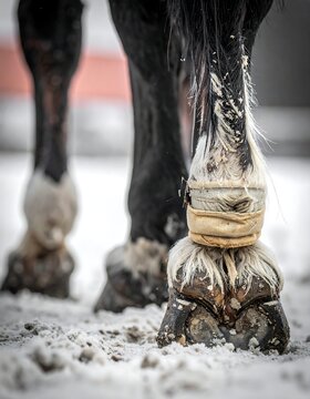 Close-up of horse legs with white feathers and wrapped fetlock