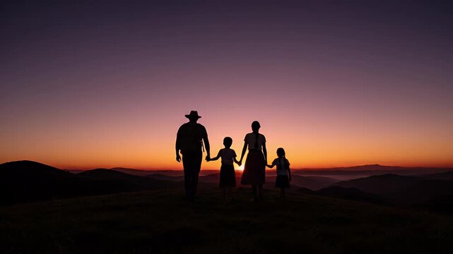 Family Silhouette Watching Sunset on Mountain Top Together.