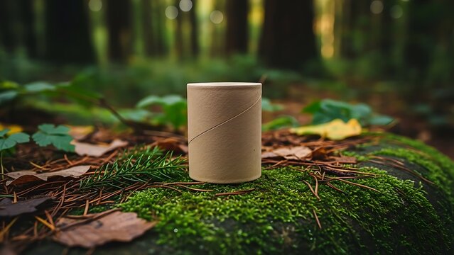 Cardboard fry box mockup on mossy forest floor surrounded by leaves and trees viewed from the side