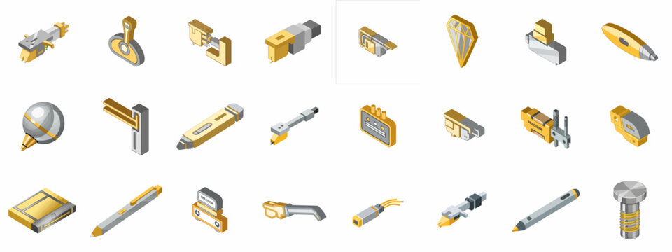 Luxury isometric precision technology icons set featuring vinyl cartridges, styluses, and audio components for high-fidelity devices.