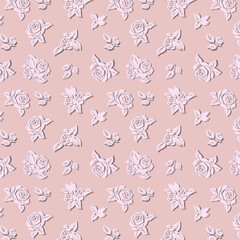 Monochrome floral pattern with shadow effect.Vector seamless pattern with stylized flowers and shadow on a pink background.