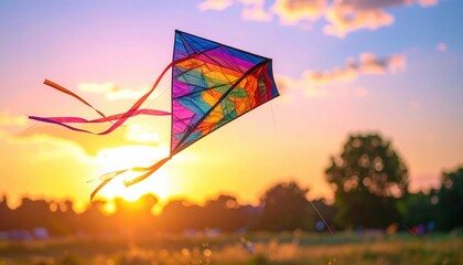 Colorful geometric kite flying high in a sunset sky with warm orange light and silhouettes of trees in the background