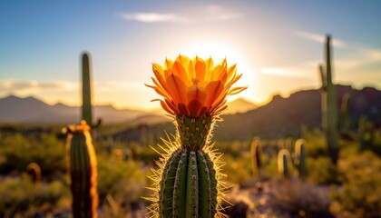 Yellow cactus flower glows with backlighting from setting sun in desert mountain valley filled with desert plants
