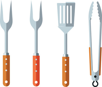 Barbecue grilling tools vector illustration set with forks spatula and tongs for outdoor cooking isolated on white