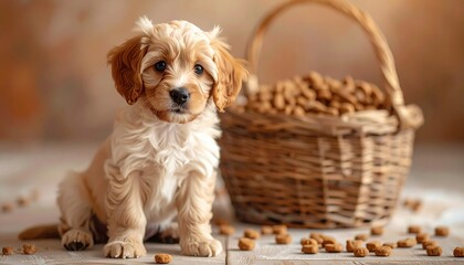 Small fluffy puppy sits on wooden floor next to woven basket filled with dry pet food kibble in soft lighting