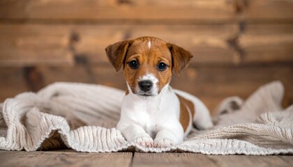 Adorable brown and white jack russell terrier puppy looking forward while resting on a soft knitted beige blanket
