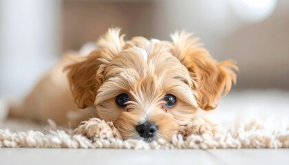 Adorable small puppy with light brown fur lies down on soft white carpet looking directly forward with dark eyes