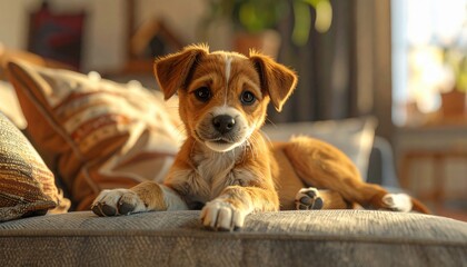 Small brown and white puppy with expressive eyes rests comfortably on soft grey sofa in sunlit living room