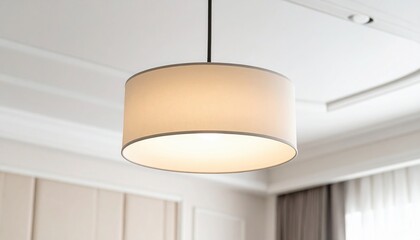 Modern minimalist pendant lamp with white fabric drum shade hangs from ceiling in elegant contemporary room
