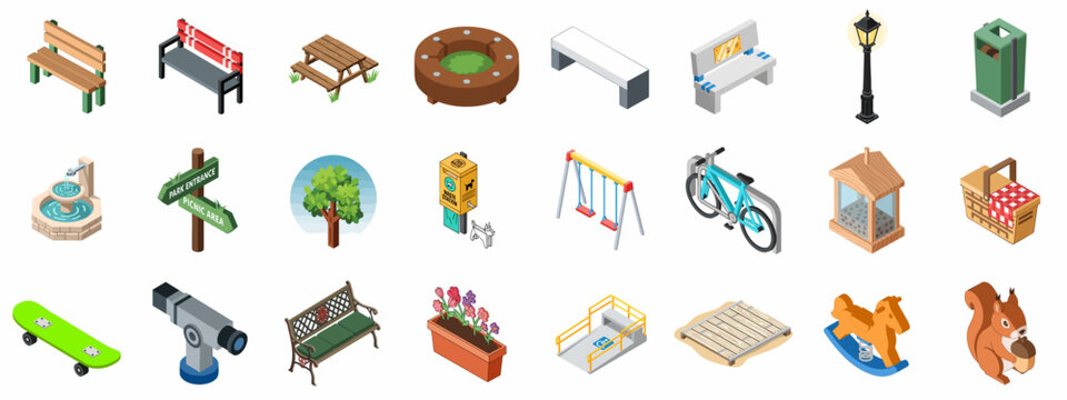 Isometric Park Elements and Public Space Icons Set including Benches, Playground Equipment, Street Furniture, and Nature Objects for Outdoor Design.