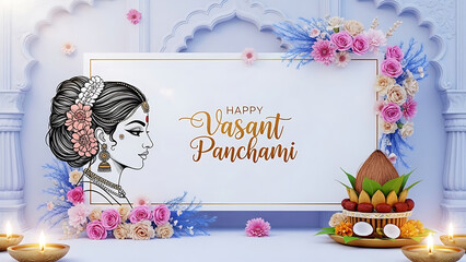 Indian woman profile with flowers and Vasant Panchami text 2
