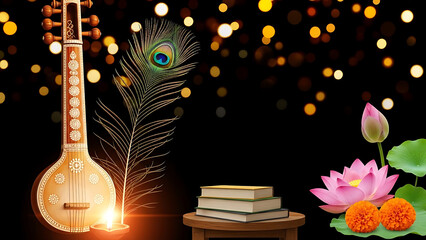 Sitar peacock feather lotus books and marigold flowers