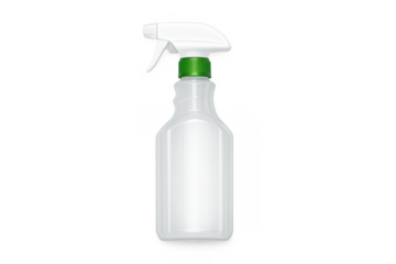 Transparent spray bottle with green nozzle on gray background for cleaning and organizing themes