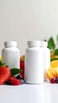 White Supplement Bottles Arranged with Strawberries, Blueberries, Raspberries, Oranges, Vitamins Concept