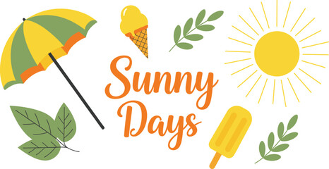 Sunny days summer vector illustration with umbrella sun ice cream leaves and cheerful seasonal typography © MdAbdul