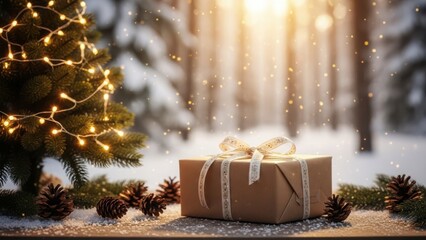 A wrapped gift box beside a christmas tree in a snowy forest
