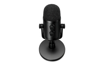 Elegant black microphone on dark background for audio design and podcast branding