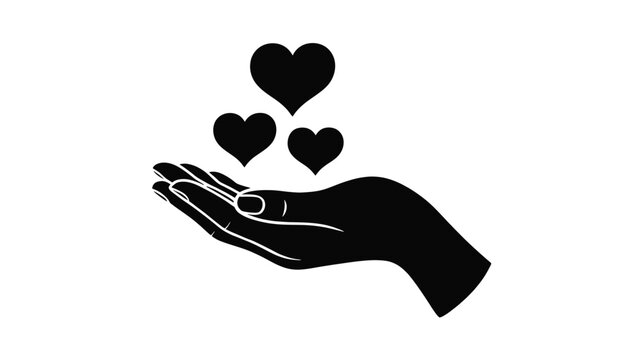 A hand gently holds three hearts, symbolizing love, care, and generosity in a minimalist design Vector