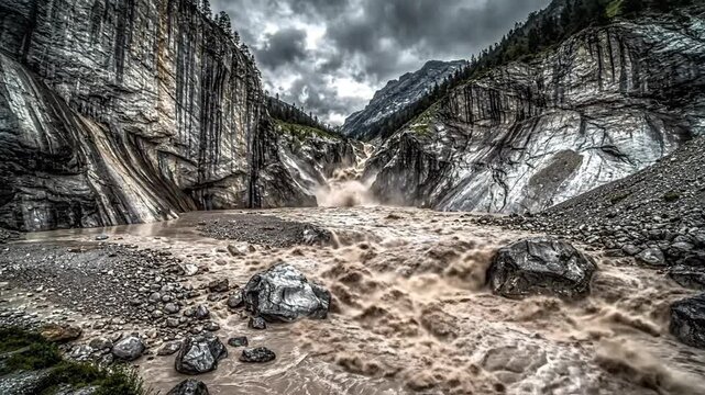 Exploring a rugged canyon landscape with rushing muddy water and dramatic rock formations