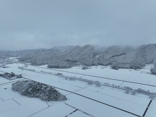 岐阜市の彦坂の田舎の雪景色　ドローン空撮