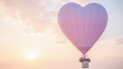 Heart shaped hot air balloon floats gracefully in pastel sky, surrounded by soft clouds and warm sunlight, evoking sense of romance and adventure
