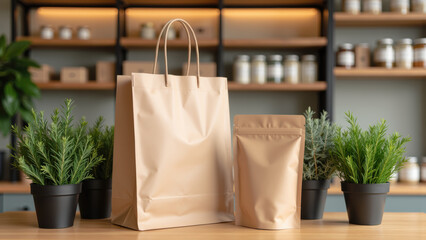 Eco friendly packaging, shopping bag, product display, natural materials, plant based, minimalistic design, sustainable lifestyle