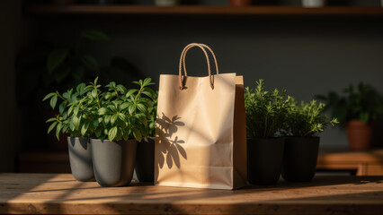 Cozy scene featuring paper bag surrounded by potted plants, showcasing warm and inviting atmosphere. sunlight casts gentle shadows, enhancing