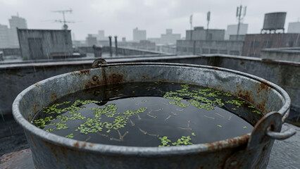 Fototapeta premium Rusty metal bucket with stagnant water and algae on rooftop 