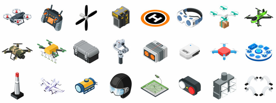 Comprehensive Isometric Drone Technology Icon Set for UAVs, Controls, Delivery, Surveillance, and Accessories