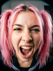 Edgy and energetic: Flash photography close-up of a girl with a scrunched nose and open mouth.