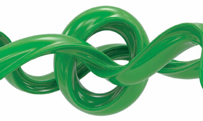 The image depicts a close-up view of a twisted green rope. The rope appears to be made of a smooth, glossy material and is intricately intertwined, forming several loops and curves.  © Mamun