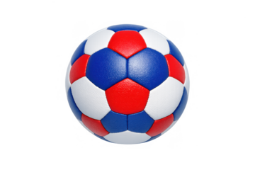 Colorful geometric soccer ball design with blue, red, and white pattern for sports themes