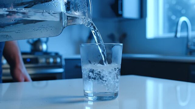 Pouring clear water from a bottle into a glass on a kitchen counter.