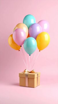 Pastel colored balloons attached to a gift box with a gold ribbon, celebratory surprise on pink background, party theme, celebration concept