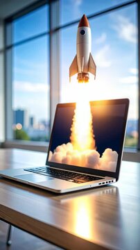 Laptop computer displaying rocket launch animation with flames and smoke inside of bright window office background showing tall buildings.