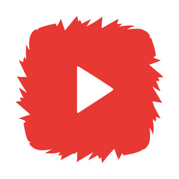 Red play button icon, video media symbol rough brush style
