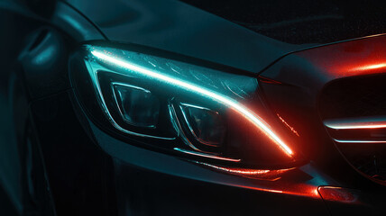 Fototapeta premium Car headlights close-up view. Light of car headlights on a dark background.