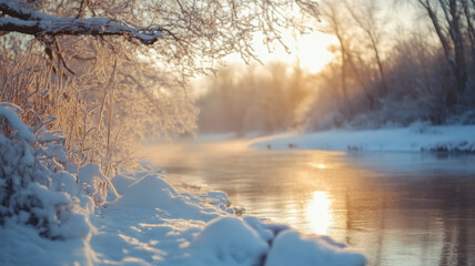 River flowing through snow and frost covered winter landscape.